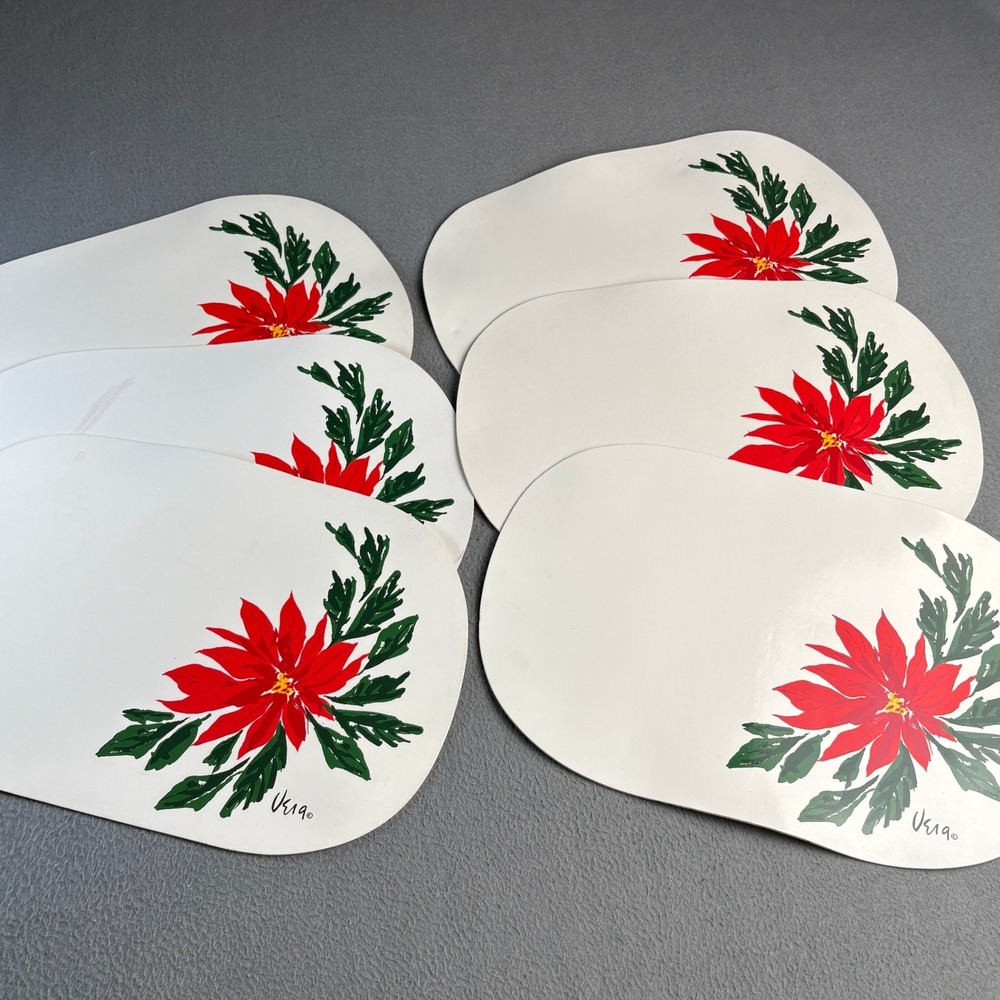 Vintage Vera Neumann Poinsettia Christmas Placemats Set of 6 White Vinyl Holiday